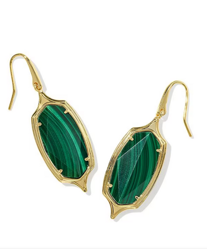 Dani Stepped Frame Gold Drop Earrings in Green Malachite