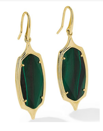 Dani Stepped Frame Gold Drop Earrings in Green Malachite