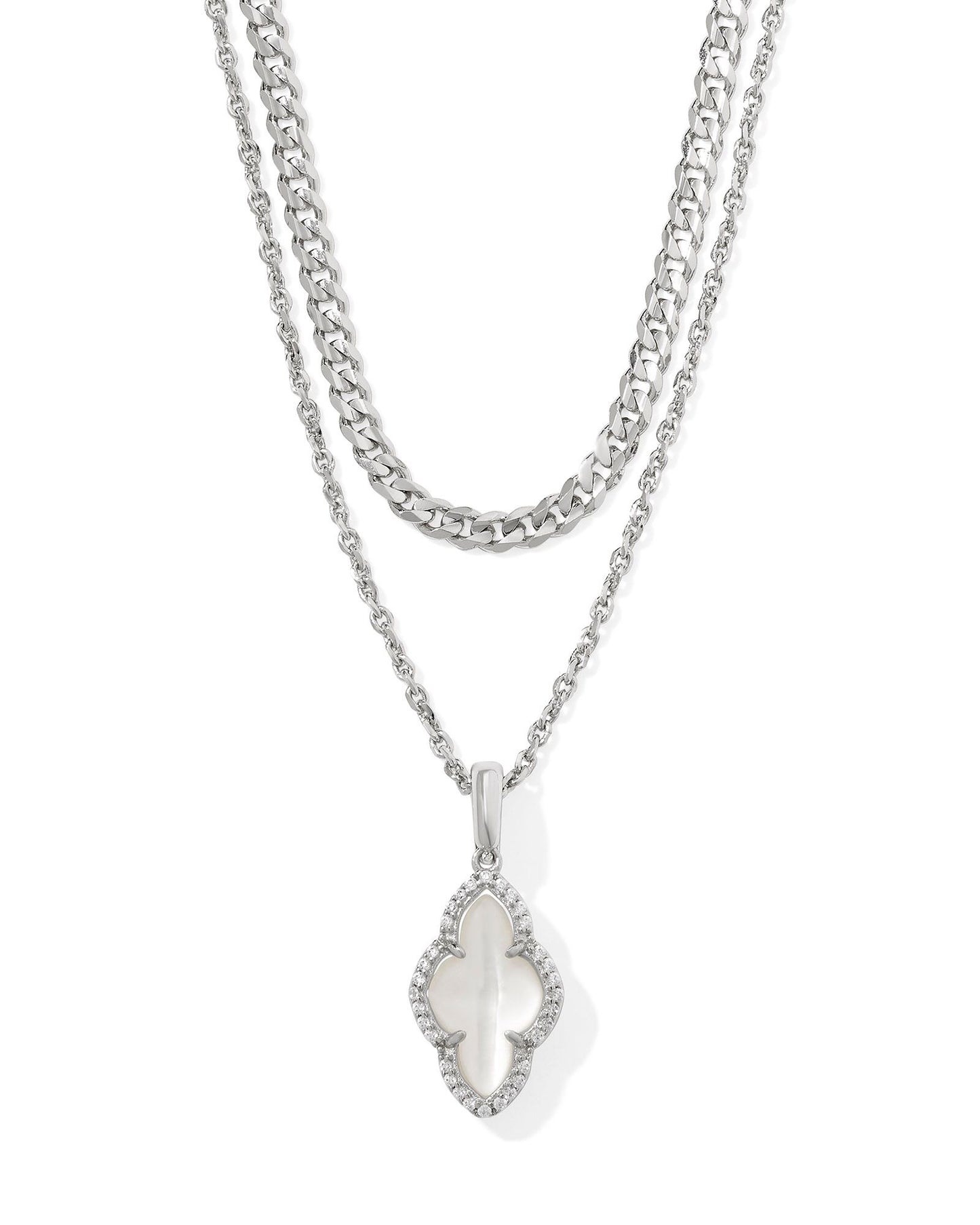 Abbie Pave Frame Silver Multi Strand Necklace in Ivory Mother of Pearl