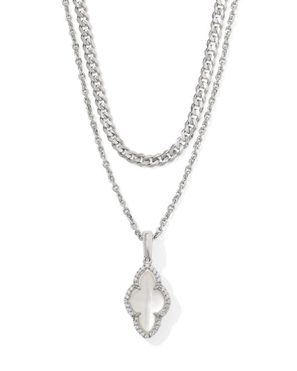 Abbie Pave Frame Silver Multi Strand Necklace in Ivory Mother of Pearl