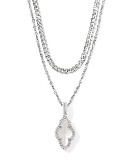 Abbie Pave Frame Silver Multi Strand Necklace in Ivory Mother of Pearl