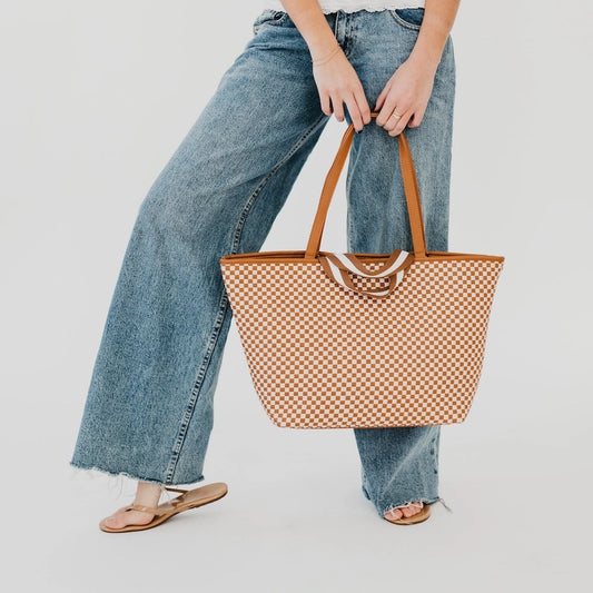 Tiffany Woven Checkered Brown Tote Bag