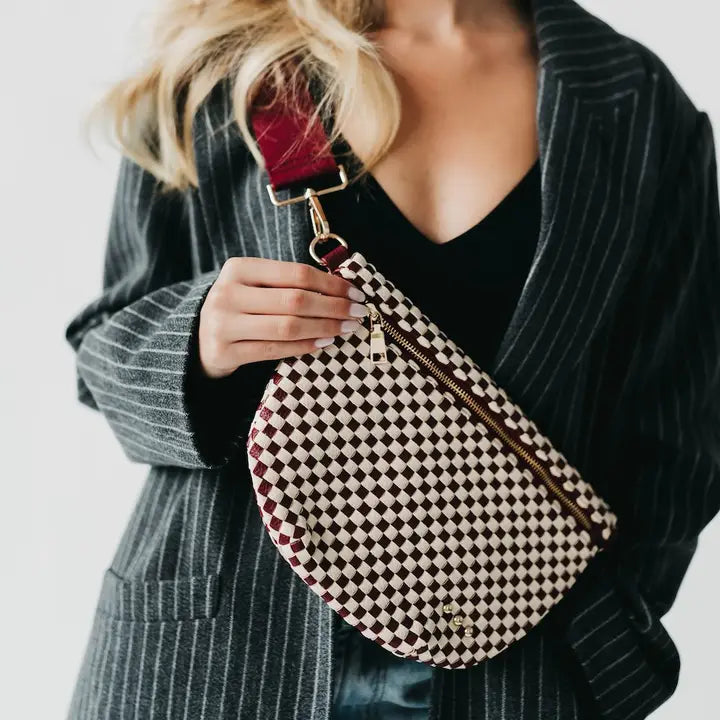 Westlyn Woven Checkered Burgundy Belt Bag
