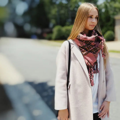 Braided Fringe Pink Plaid Scarf