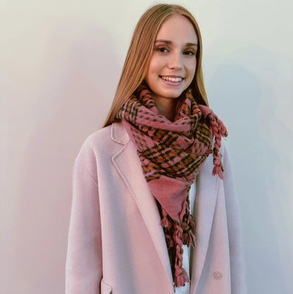 Braided Fringe Pink Plaid Scarf