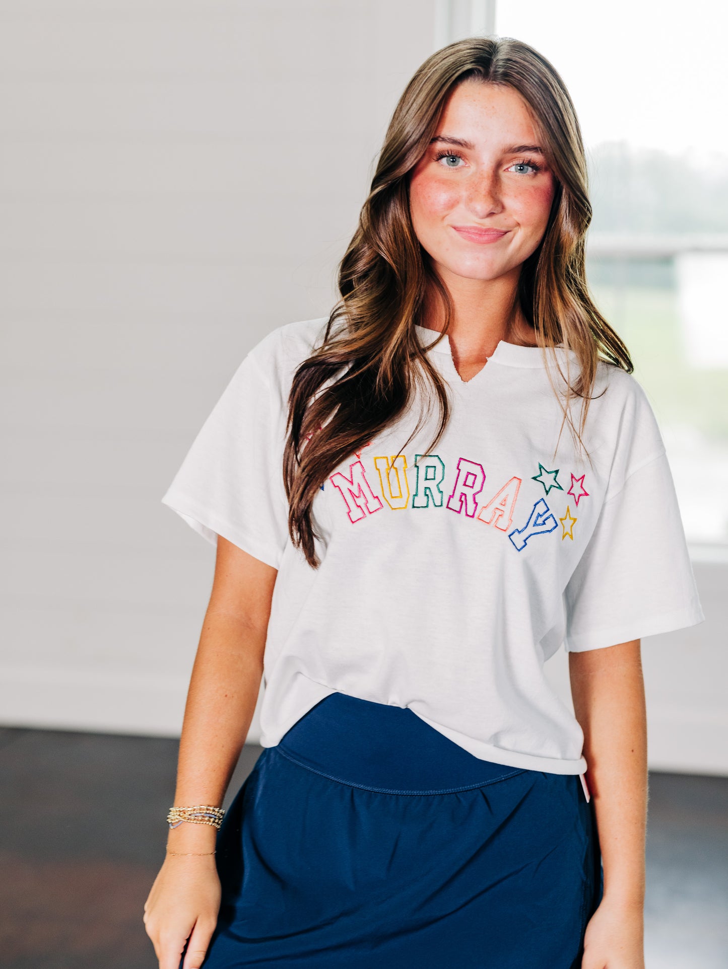 Murray Rainbow Stars Cropped White Tee