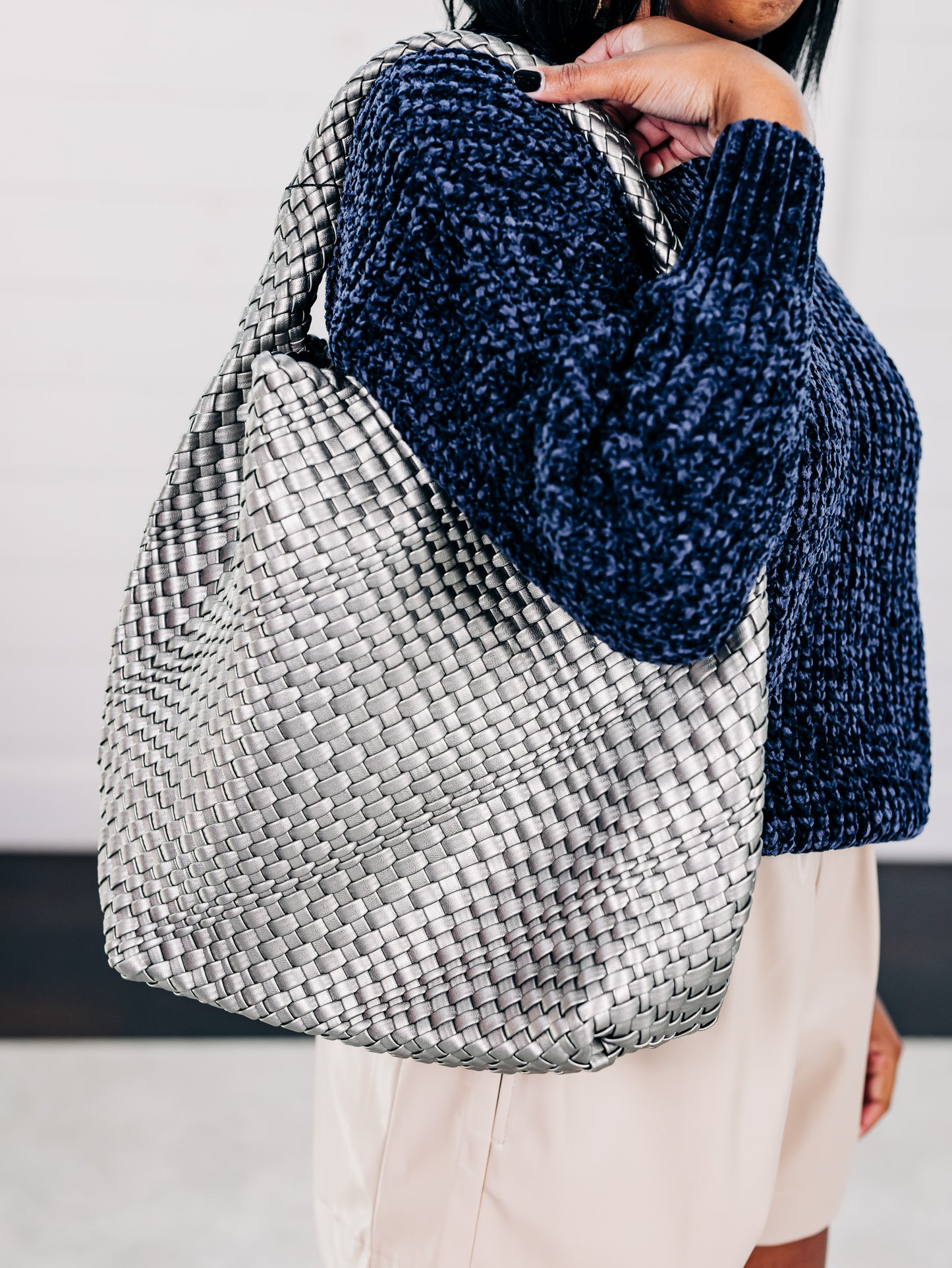 Woven Medium Silver Handbag