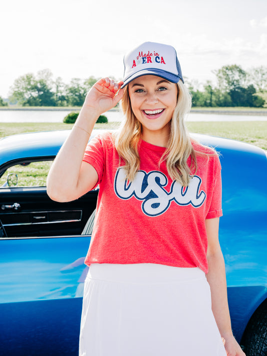 USA Shimmer Script Red Tee