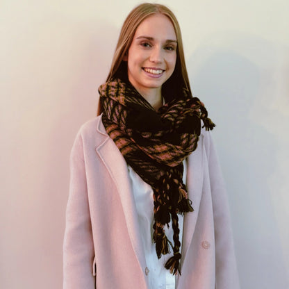 Braided Fringe Black Plaid Scarf