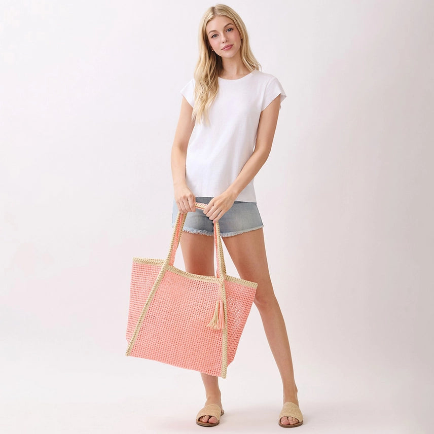 Vacay Mode Pink Straw Tote Bag