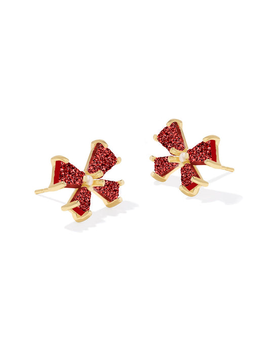 Blair Bow Gold Stud Earrings in Bright Red Drusy