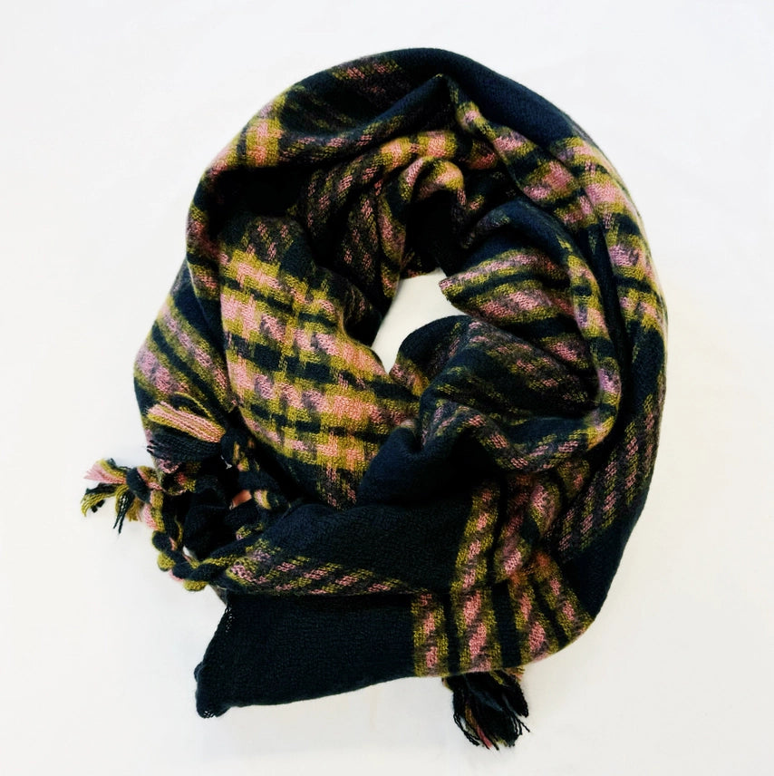 Braided Fringe Black Plaid Scarf