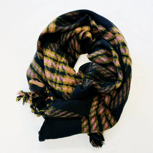 Braided Fringe Black Plaid Scarf