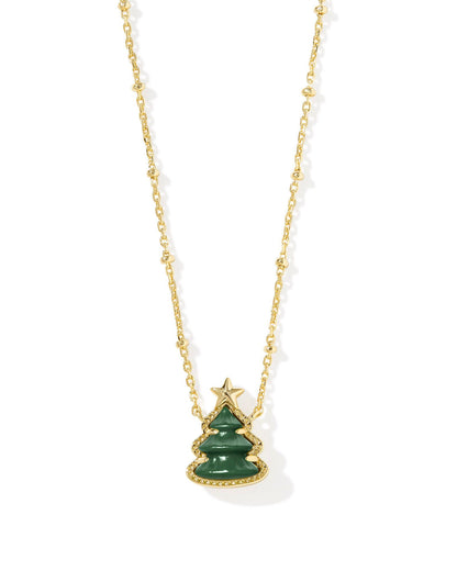 Holiday Tree Gold Short Pendant Necklace in Green Quartzite