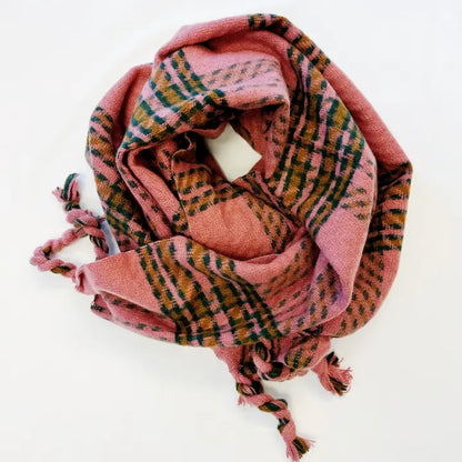 Braided Fringe Pink Plaid Scarf