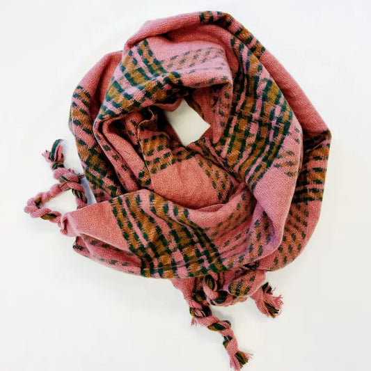Braided Fringe Pink Plaid Scarf