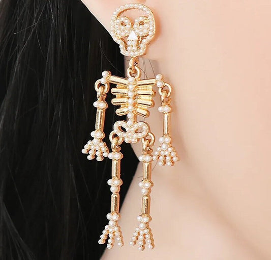 Skeleton Pearl Beads Gold Earrings