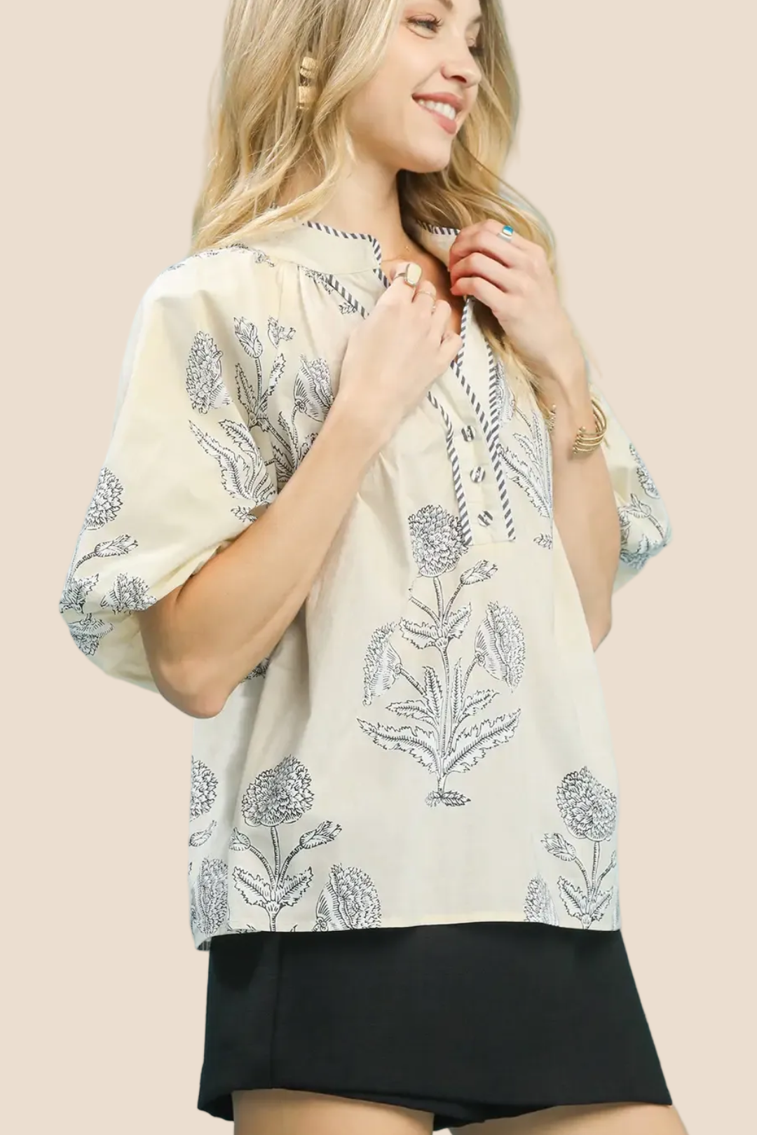 Petal Promises Ecru Black Top