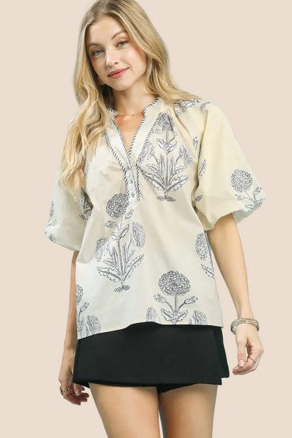 Petal Promises Ecru Black Top
