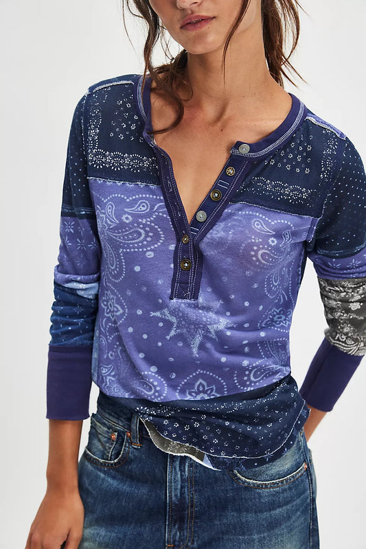 Indie Printed Cuff Indigo Combo Top