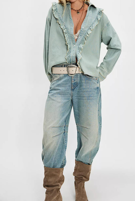 Tattered And Ruffled  Vintage Tint Wash Denim Top