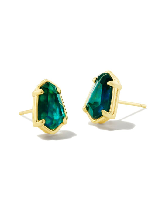Alexandria Gold Stud Earrings in Teal Green Illusion