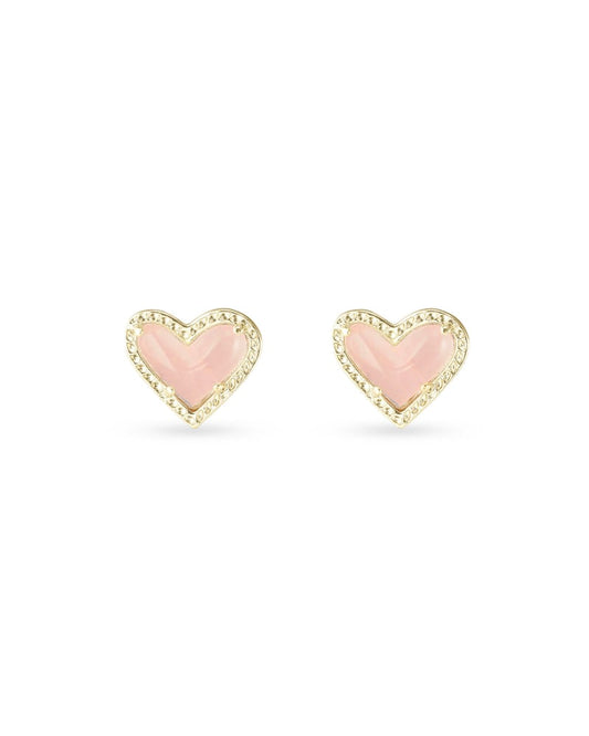 Ari Heart Gold Stud Earrings in Rose Quartz