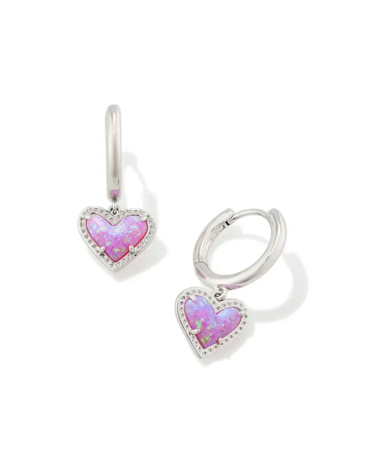Ari Heart Silver Huggie Earrings in Bubblegum Pink Kyocera Opal