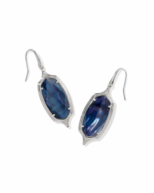 Dani Stepped Frame Silver Drop Earrings in Dark Indigo Illusion