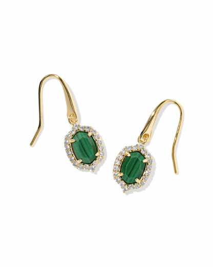 Daphne Crystal Frame Gold Drop Earrings in Green Malachite