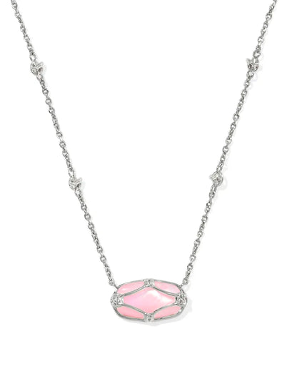 Elisa Lattice Frame Silver Short Pendant Necklace in Blush Ivory Mother-of-Pearl