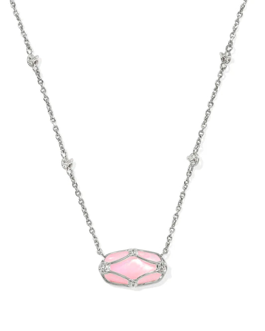 Elisa Lattice Frame Silver Short Pendant Necklace in Blush Ivory Mother-of-Pearl