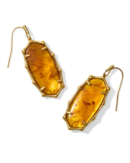 Elle Vintage Gold Bamboo Frame Drop Earrings in Marbled Amber Illusion