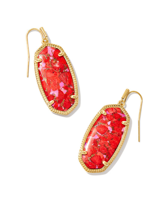 Elle Gold Drop Earrings Bronze Veined Red Fuchsia Magnesite