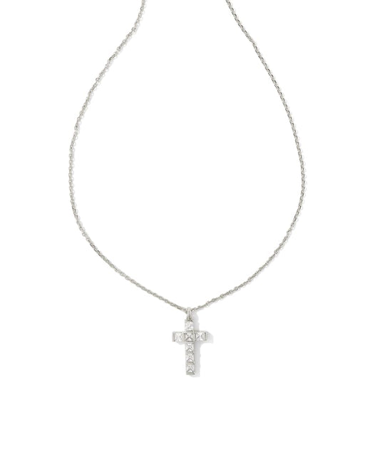 Gracie Silver Cross Short Pendant Necklace in White Crystal