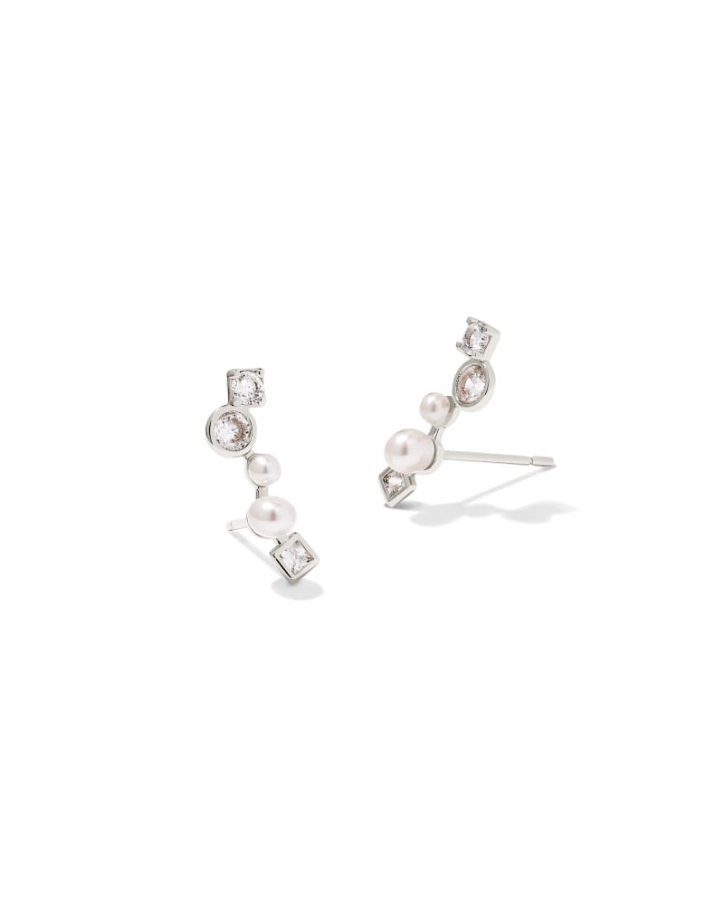 Leighton Silver Pearl Ear Climber Earrings in White Pearl