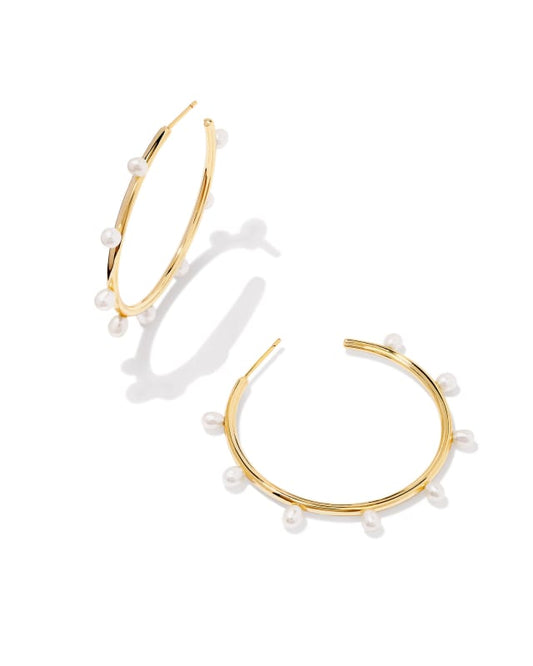 Leighton Gold Pearl Hoop Earrings In White Pearl
