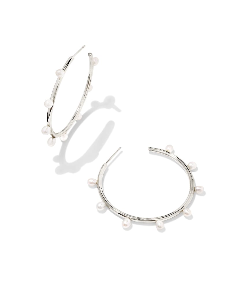 Leighton Silver Pearl Hoop Earrings In White Pearl