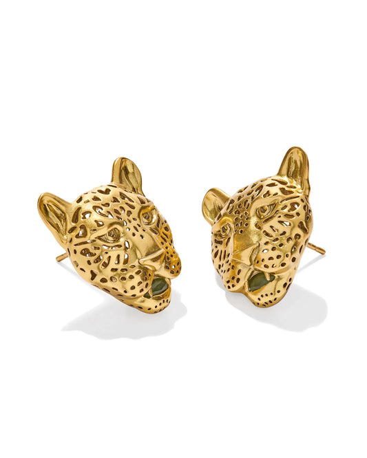 Maura Vintage Gold Jaguar Statement Stud Earrings in Sage Serpentine