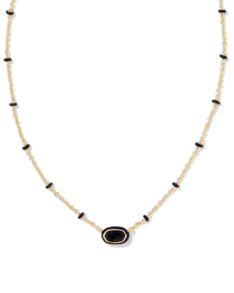 Mini Elisa Gold Enamel Frame Short Pendant Necklace in Black Banded Agate