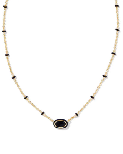 Mini Elisa Gold Enamel Frame Short Pendant Necklace in Black Banded Agate