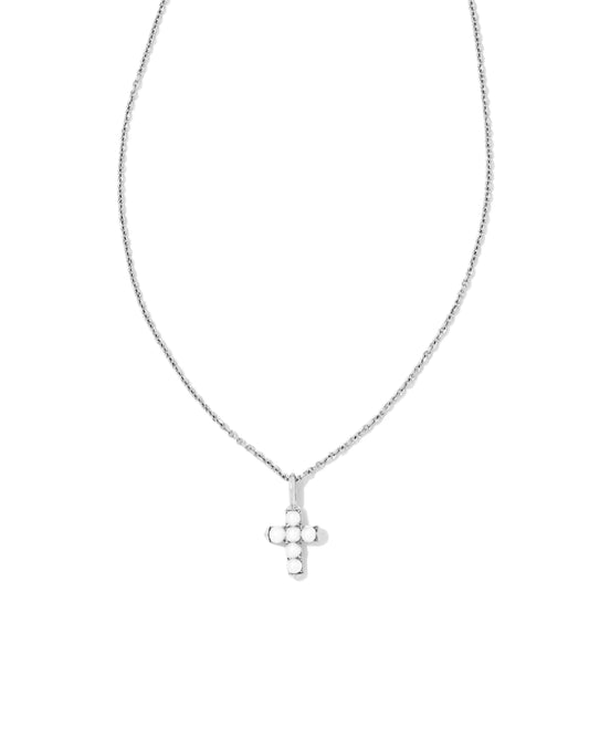 Pearl Cross Silver Pendant Necklace in White Pearl