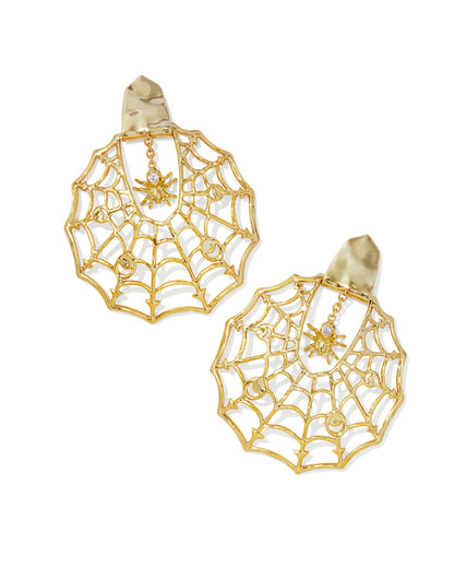 Spiderweb Gold Statement Earrings in White Crystal