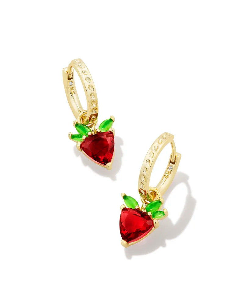 Strawberry Gold Huggie Earrings in Dark Pink Crystal