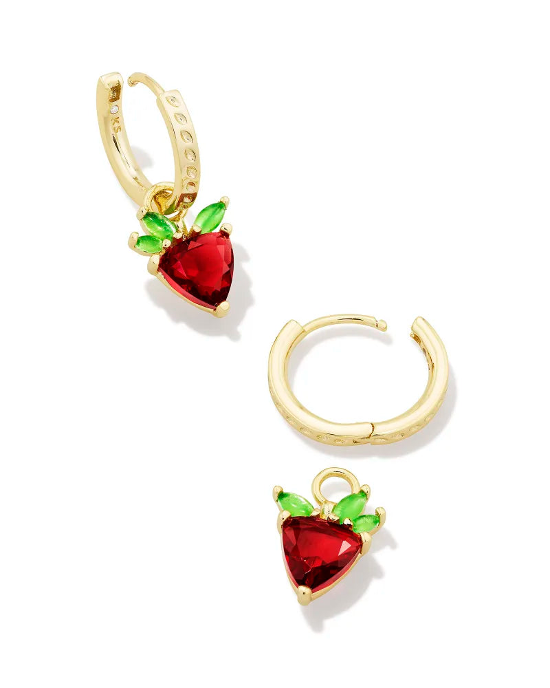 Strawberry Gold Huggie Earrings in Dark Pink Crystal