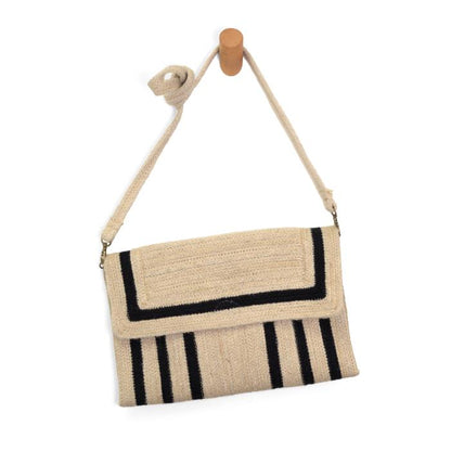 Nellie Black Geo Striped Jute Crossbody Wristlet Clutch