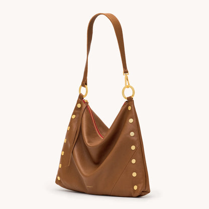 Kyle Large Mahogany Pebble/Brushed Gold Red Zip Handbag