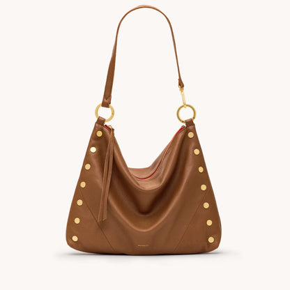 Kyle Large Mahogany Pebble/Brushed Gold Red Zip Handbag