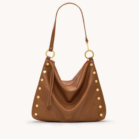 Kyle Large Mahogany Pebble/Brushed Gold Red Zip Handbag