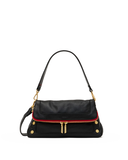 Beverly Med Black/Brushed Gold Red Zip Handbag